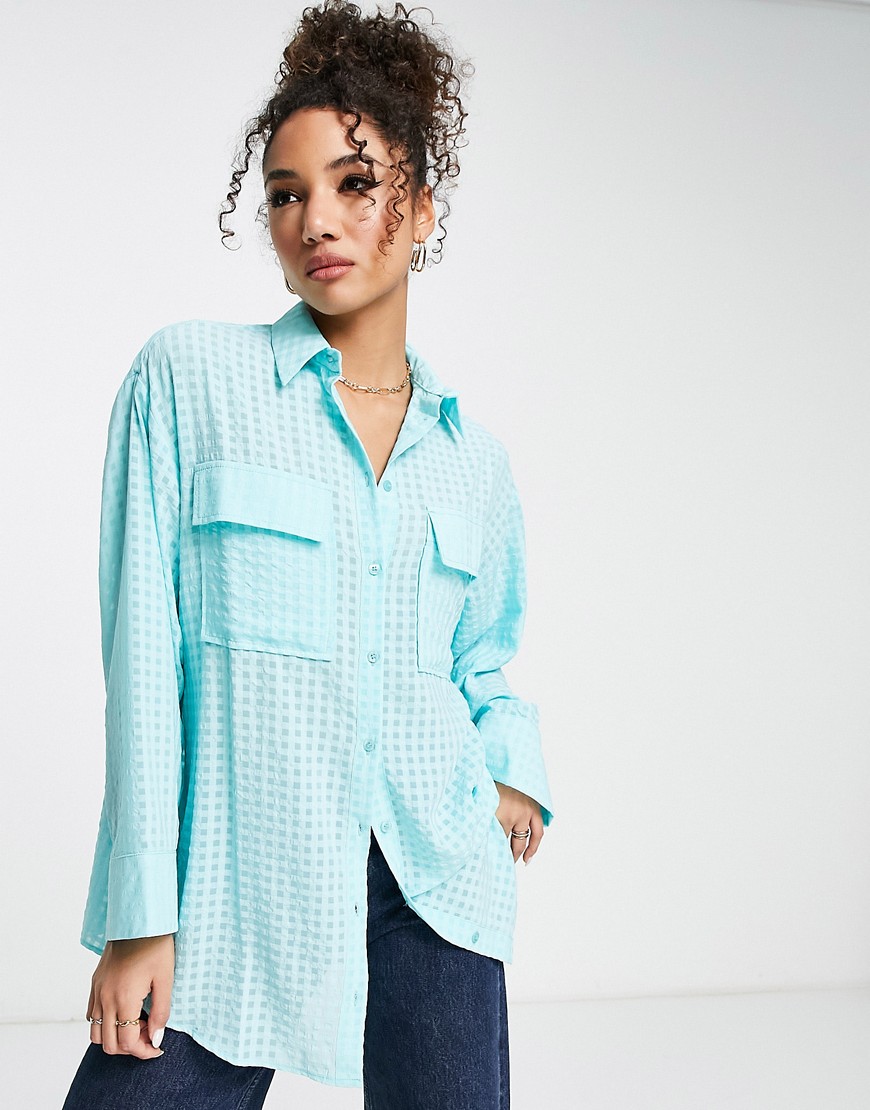 ASOS DESIGN oversized shirt with wide cuff in light blue gingham