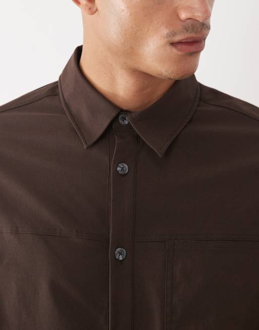 ASOS DESIGN oversized shirt with workwear pockets in brown, 3 of 5