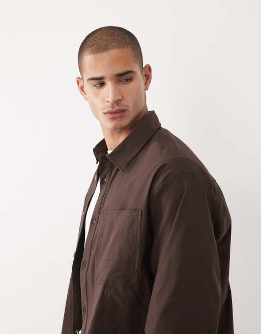 ASOS DESIGN oversized shirt with workwear pockets in brown, 4 of 5