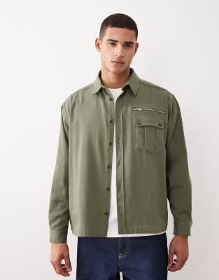 Asos Design Oversized Shirt With Zip Detail In Green