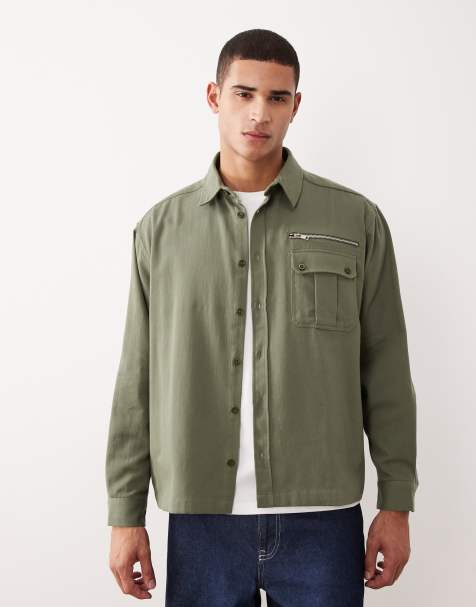 ASOS DESIGN oversized shirt with zip detail in khaki twill - view 1