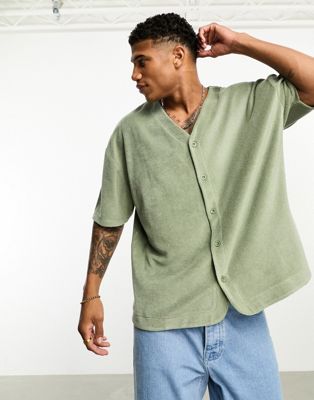 ASOS DESIGN oversized short sleeve button through t-shirt in khaki towelling
