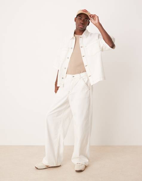 ASOS DESIGN oversized short sleeve denim shirt with patch pockets and baggy pants set in ecru - view 1