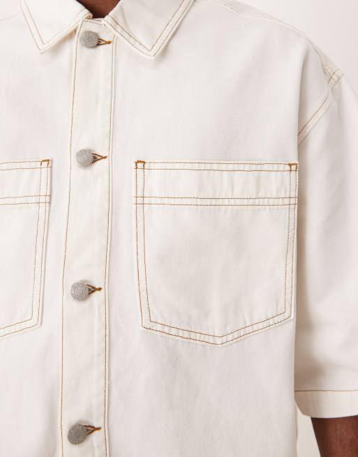 ASOS DESIGN oversized short sleeve denim shirt with patch pockets in ecru - part of a set, 3 of 4