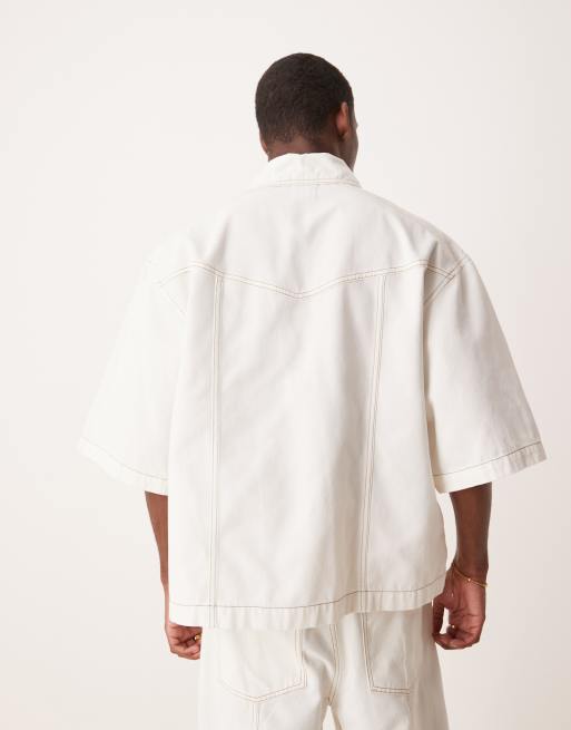 ASOS DESIGN oversized short sleeve denim shirt with patch pockets in ecru - part of a set, 4 of 4