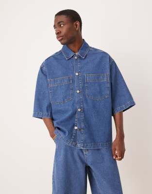 [ASOS DESIGN] ASOS DESIGN oversized short sleeve denim shirt with patch pockets in mid wash blue (part of a set) S Mid wash blue