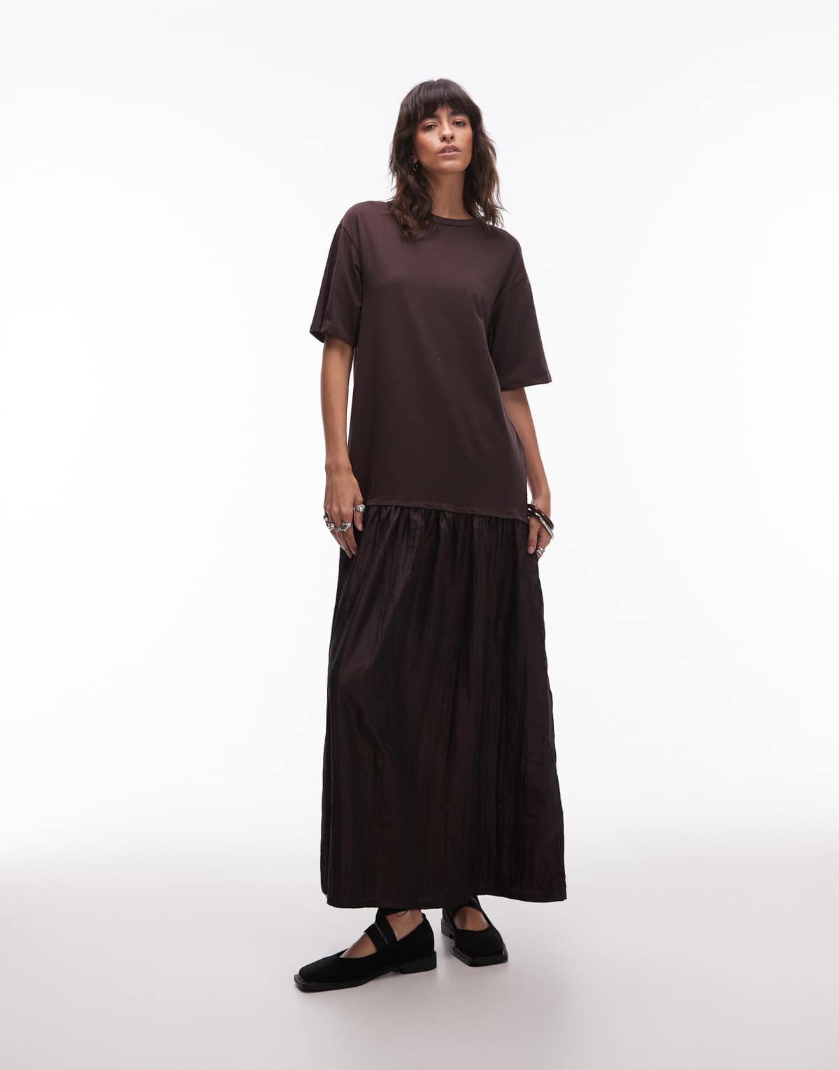 ASOS DESIGN oversized short sleeve dropped waist hybrid maxi dress in chocolate