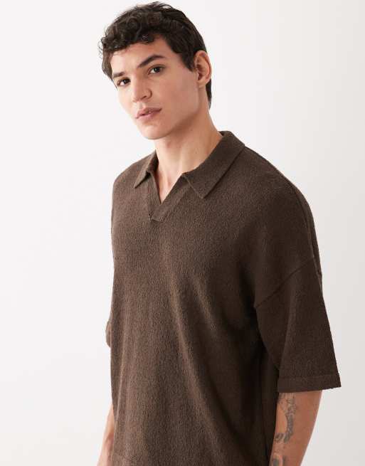 ASOS DESIGN oversized short sleeve knit boucle notch neck polo in brown - part of a set, 4 of 5