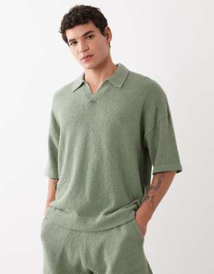 Asos Design Oversized Short Sleeve Knit Boucle Notch Neck Polo In Green