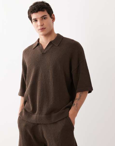 ASOS DESIGN oversized short sleeve knitted boucle notch neck polo in brown (part of a set) - view 1