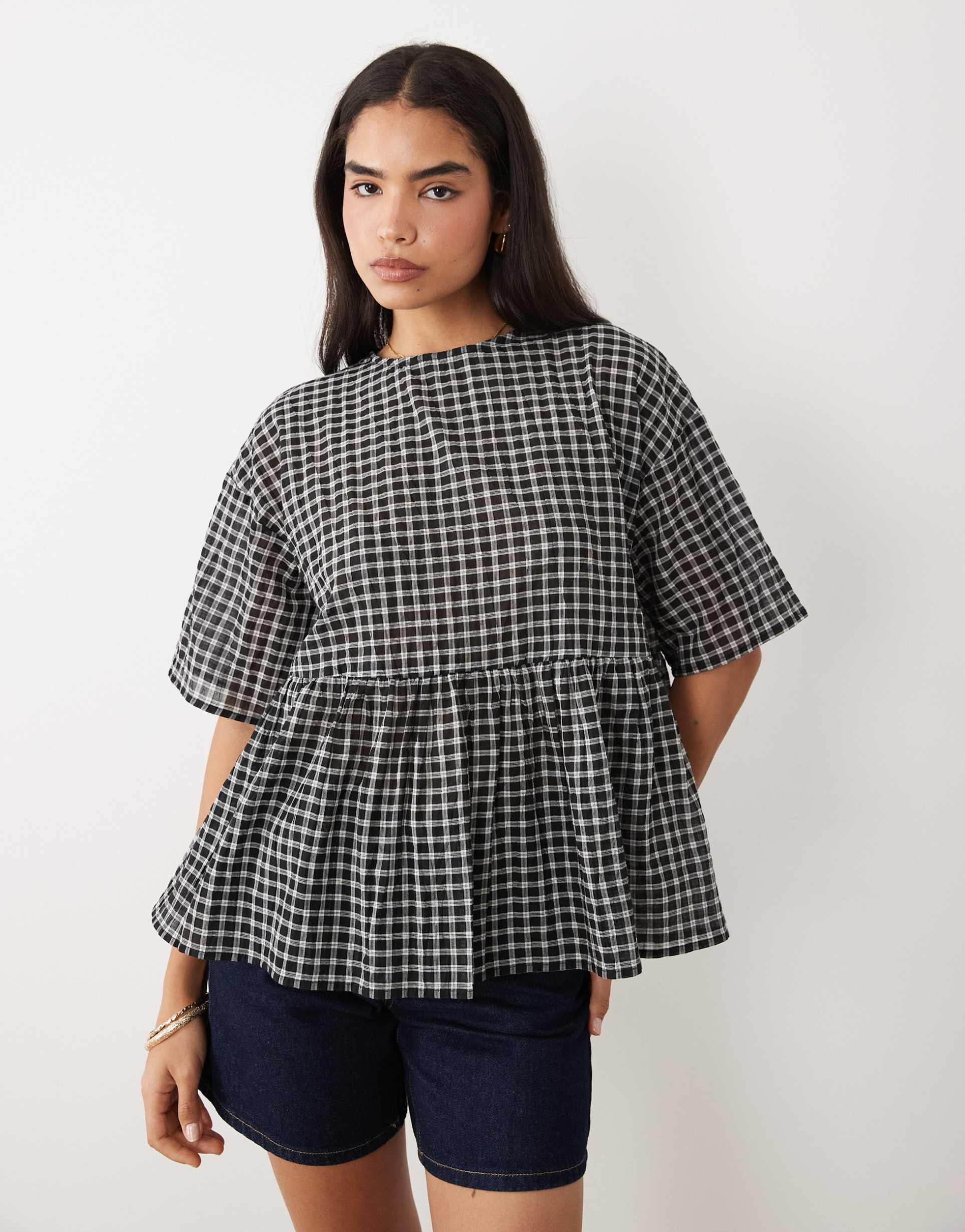 asos design oversized short sleeve peplum top in plaid - part of a set