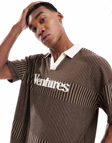 ASOS DESIGN oversized short sleeve polo with chest applique print in brown in rib - view 1