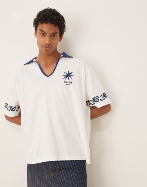 ASOS DESIGN oversized short sleeve polo with embroidery in white - view 1