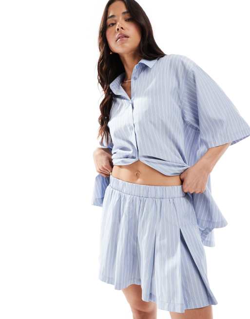 ASOS DESIGN oversized short sleeve shirt & flippy shorts set in blue stripe