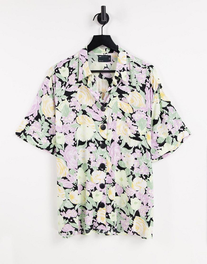 ASOS DESIGN oversized short sleeve shirt in black floral print-Multi