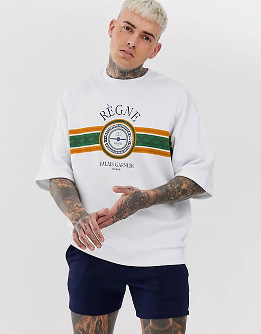 ASOS DESIGN oversized short sleeve sweatshirt with chest print in white