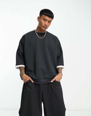 ASOS DESIGN oversized short sleeve sweatshirt with double layer in washed black scuba | ASOS