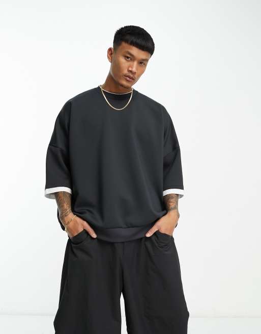 ASOS DESIGN oversized short sleeve sweatshirt with double layer in washed black scuba