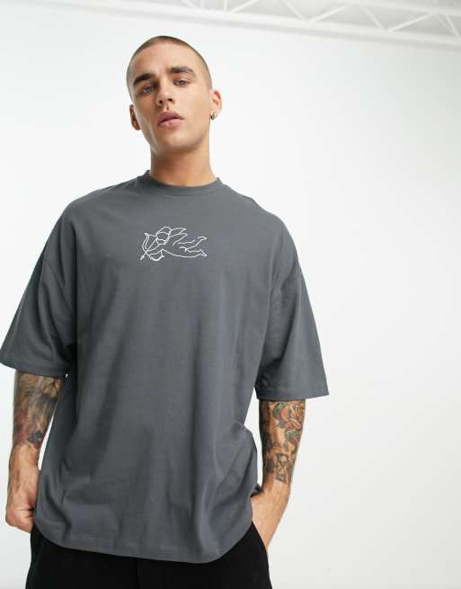 ASOS DESIGN oversized short sleeve t-shirt in dark gray with cherub chest print