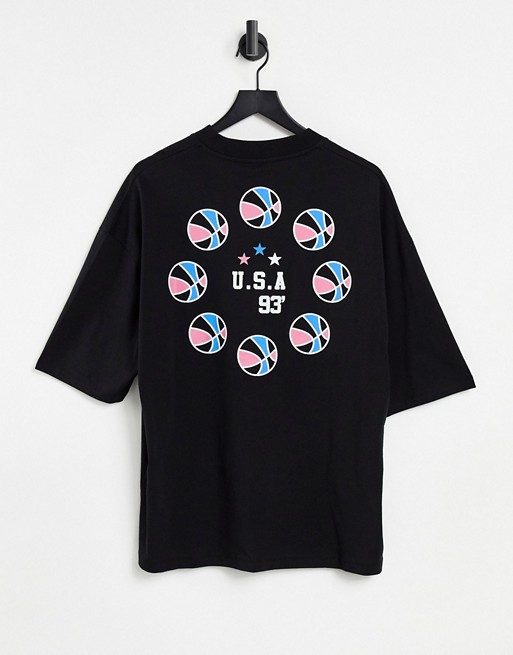 ASOS DESIGN oversized short sleeve t-shirt with back basketball print & v neck