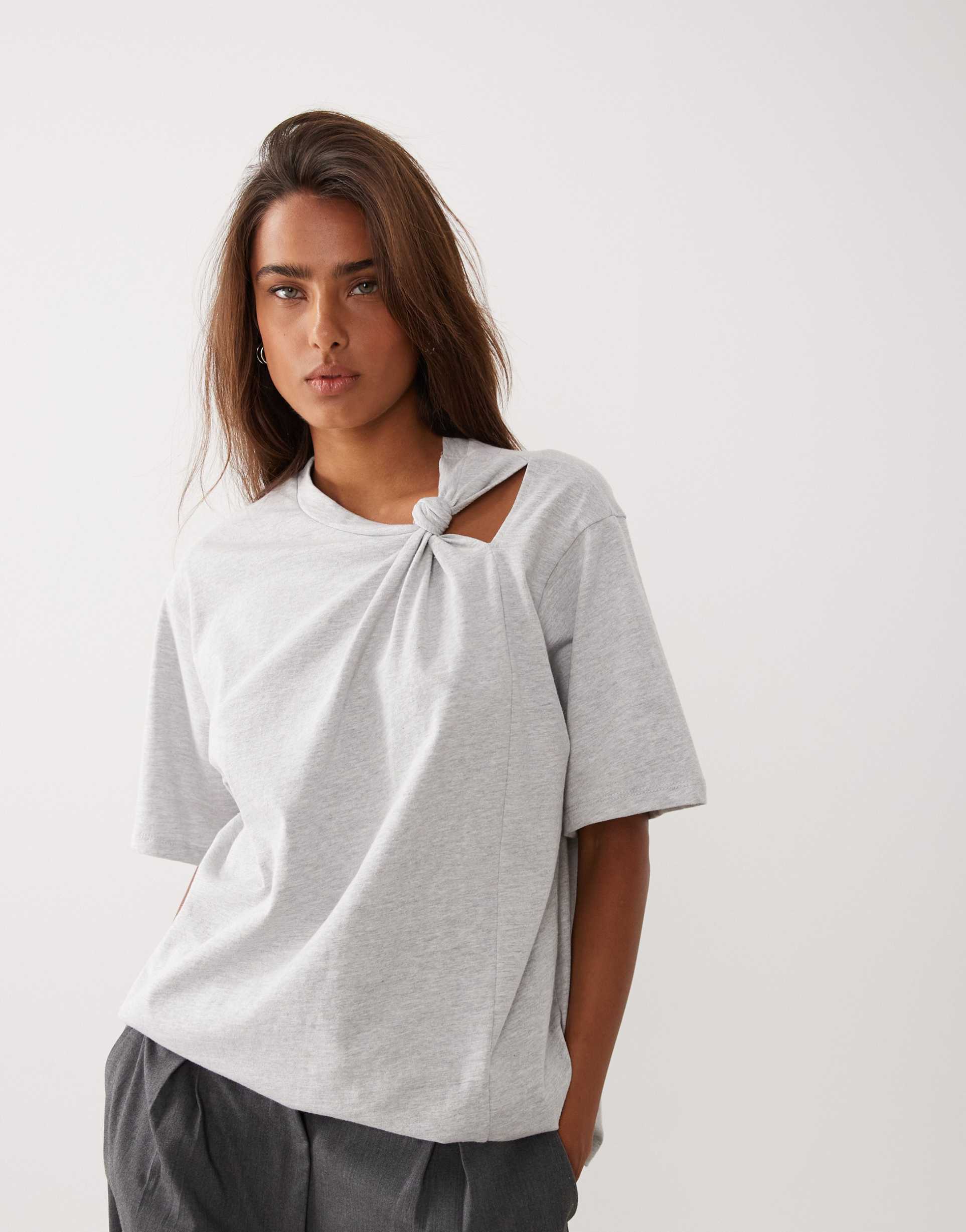 asos design oversized short sleeve t-shirt with knot detail in gray