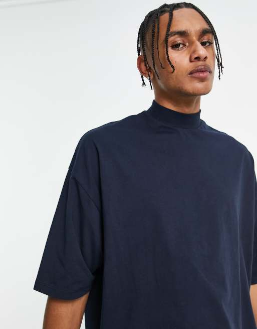 ASOS DESIGN oversized short sleeve t shirt with turtle neck in navy