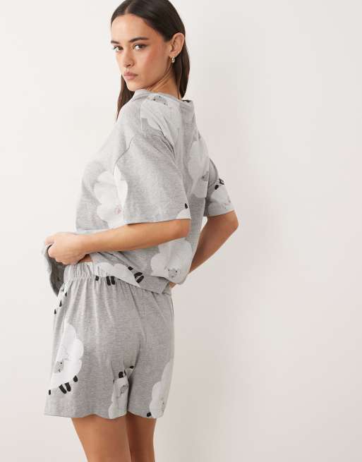 ASOS DESIGN oversized short sleeve tee & short pyjama set in grey marl sheep print, 4 of 4