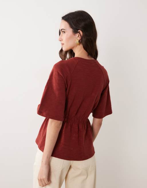 ASOS DESIGN oversized short sleeve with cinched waist top in burgundy, 3 of 4