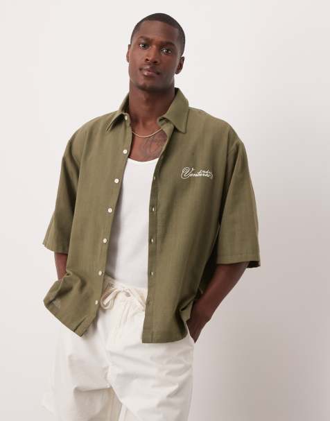ASOS DESIGN oversized short sleeved shirt with chest embroidery detail in khaki linen look - view 1