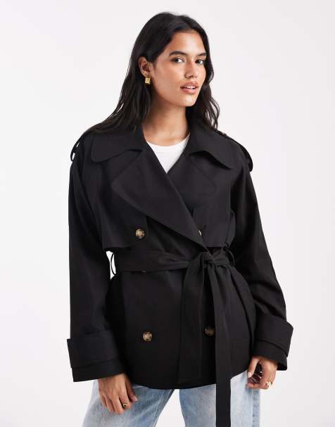 ASOS DESIGN oversized short trench coat with belt in black - view 1