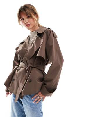 oversized short trench coat with belt in brown-Black