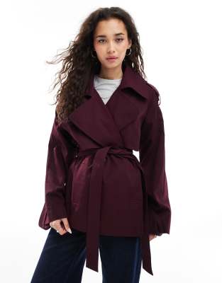 oversized short trench coat with belt in burgundy-Red