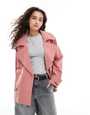 oversized short trench coat with belt in dusty pink