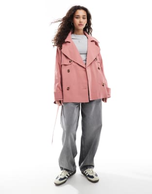 Asos Design Oversized Short Trench Coat With Belt In Pink