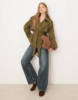 Asos Design Oversized Short Trench Coat With Belt In Green