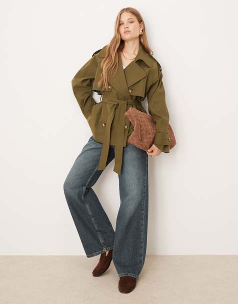 ASOS DESIGN oversized short trench coat with belt in olive - view 1