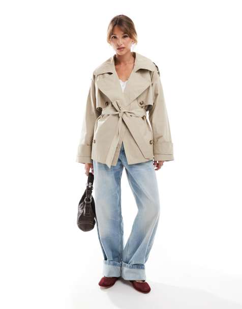 ASOS DESIGN oversized short trench coat with belt in stone - view 1