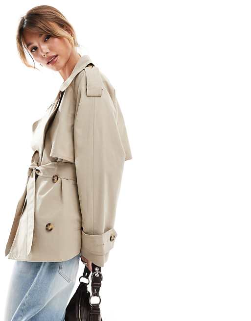 ASOS DESIGN oversized short trench coat with belt in stone ASOS DESIGN oversized short trench coat with belt in stone
