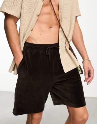 Asos Design Oversized Shorts In Brown Ribbed Velour