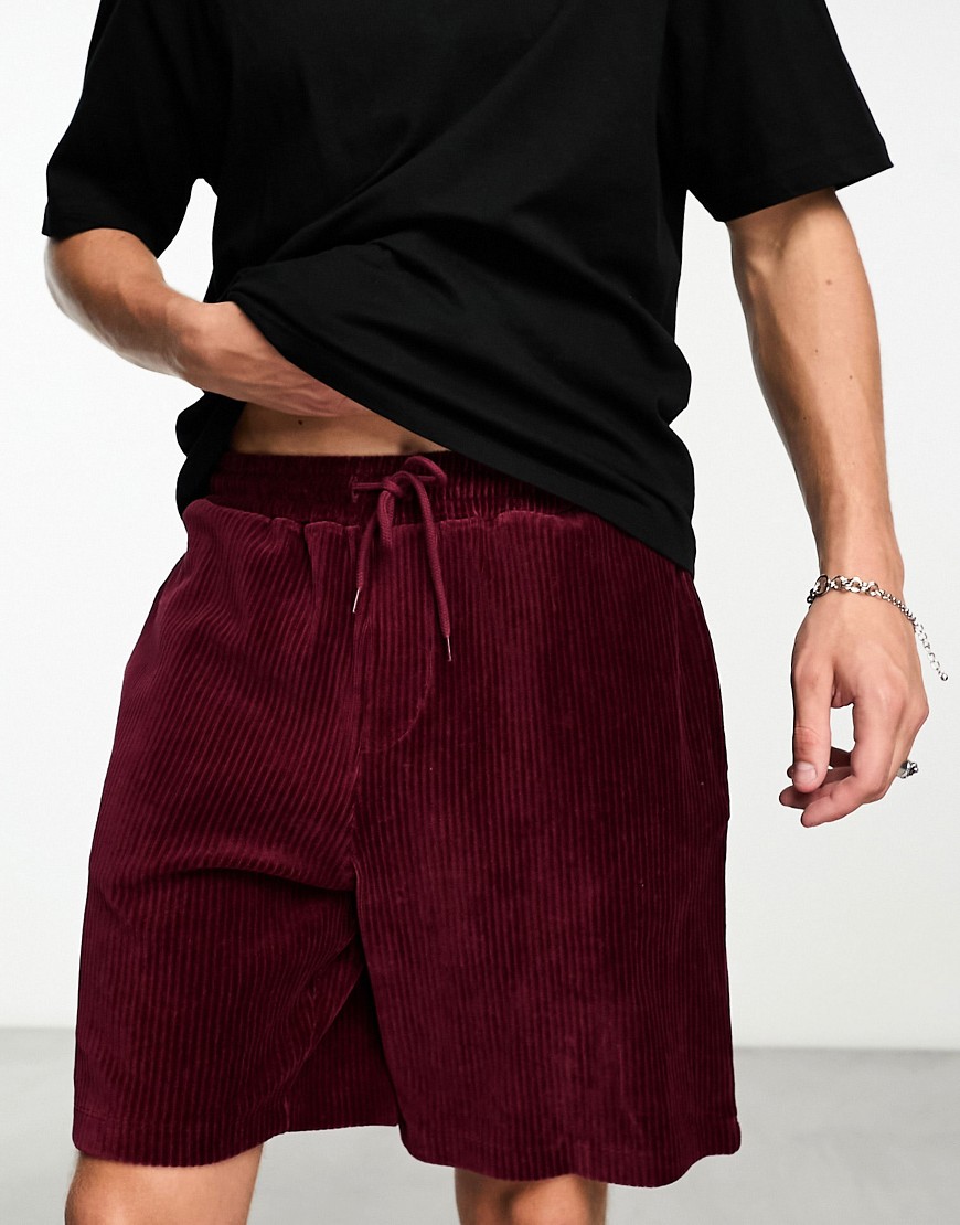 ASOS DESIGN oversized shorts in burgundy ribbed velour-Red