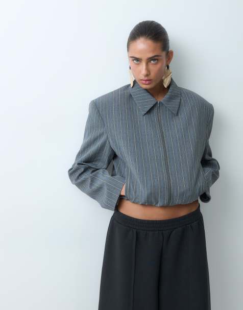 ASOS DESIGN oversized shoulder bomber jacket in grey stripe - view 1