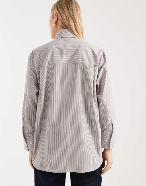 ASOS DESIGN oversized shoulder pads shirt with satin necktie in brown stripes, 4 of 4