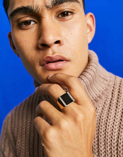 ASOS DESIGN oversized signet ring with black agate stone in gold tone