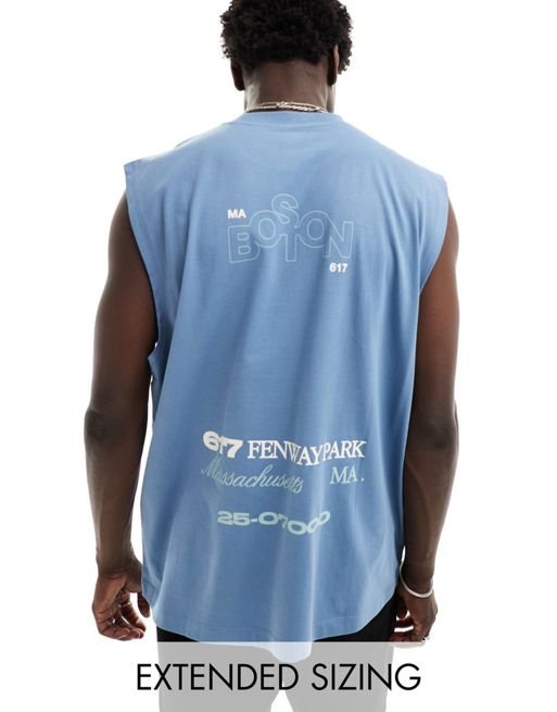 FhyzicsShops DESIGN oversized singlet in blue with back city text print