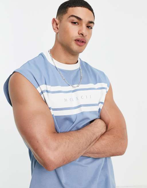 ASOS DESIGN oversized singlet in blue with roman numeral text print
