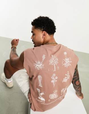 ASOS DESIGN oversized singlet in brown with back cactus print