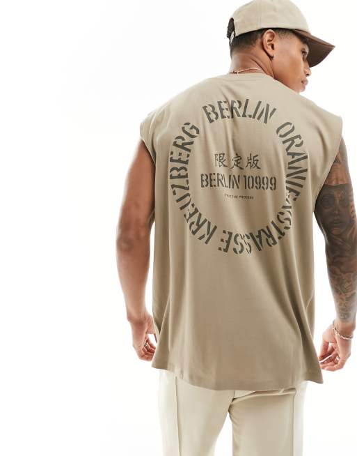 ASOS DESIGN oversized singlet in dark beige with back city print