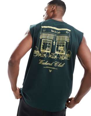 ASOS DESIGN oversized singlet in dark green with back cafe print
