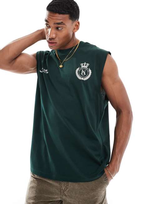 ASOS DESIGN oversized singlet in dark green with chest prints