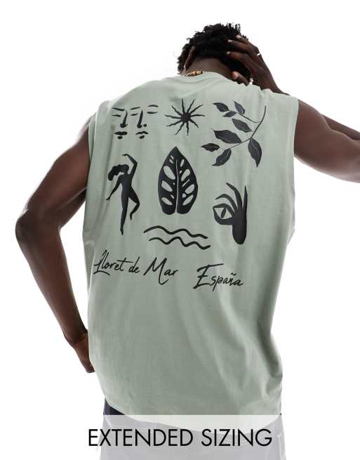 ASOS DESIGN oversized singlet in khaki with abstract back print